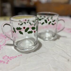 Vintage Luminarc Festive Holly Glass Mugs - Set of 2